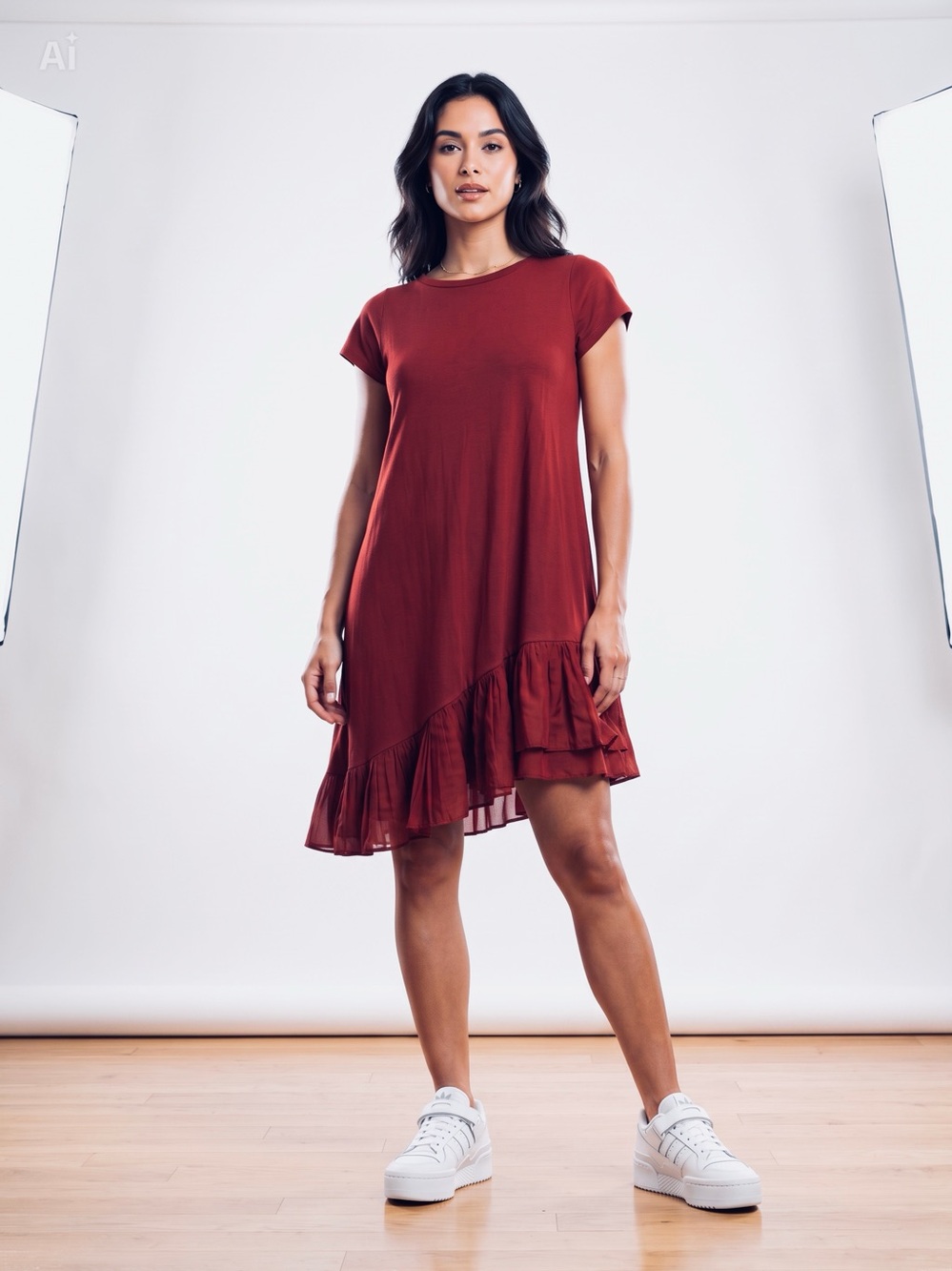 MORGANE LE FAY
Trapeze Dress Burgundy Cotton Knit Silk Ruffled
Hem Cap Sleeve S